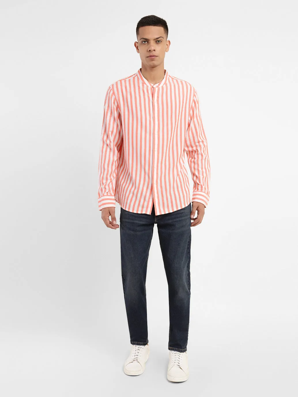 Men's Striped Band Neck Shirt