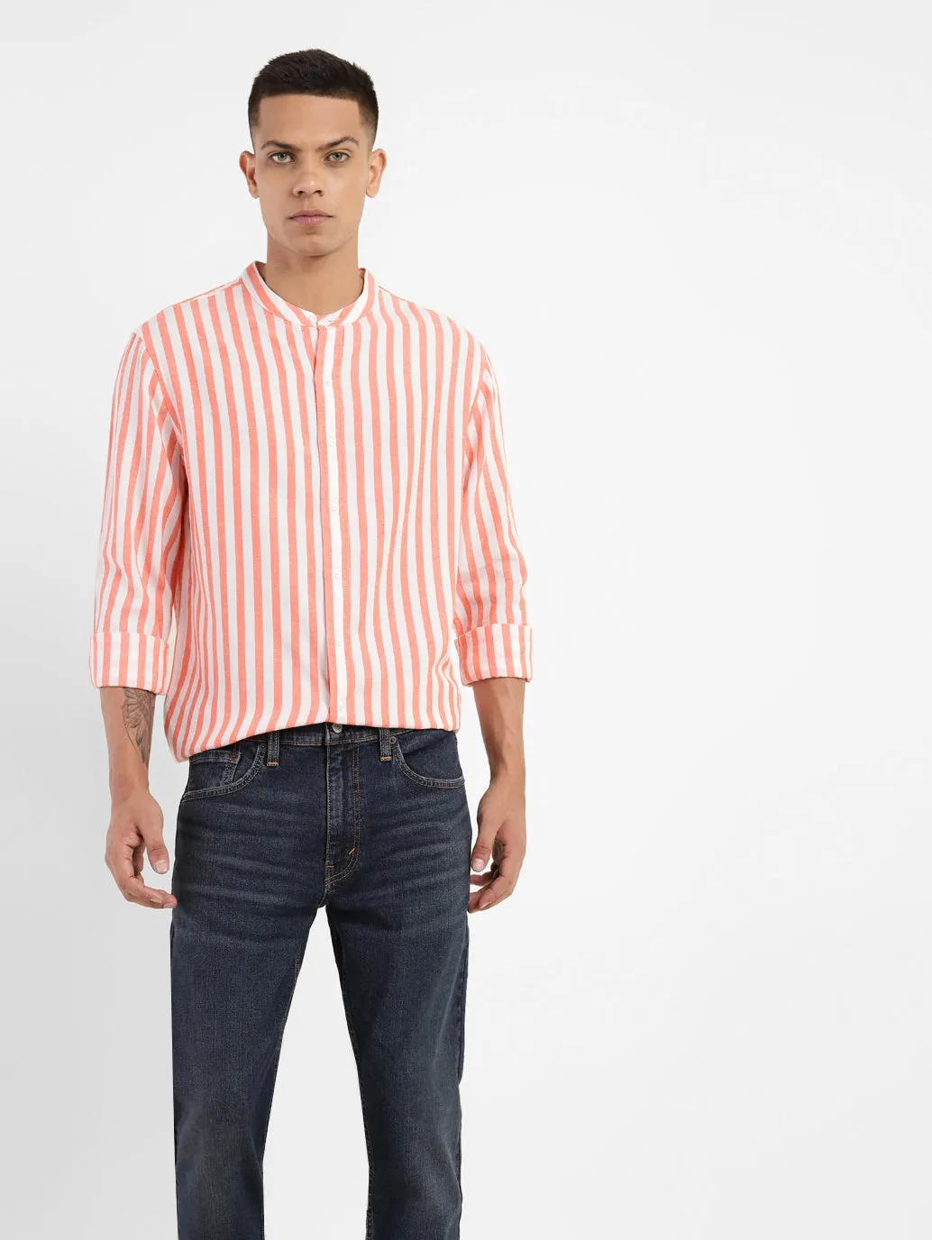 Men's Striped Band Neck Shirt