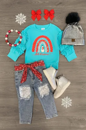 "Let It Snow" Snowman Sequin Distressed Denim Set