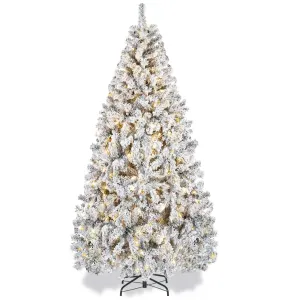 relaxed 5 FT Pre-Lit Christmas Tree Snow Flocked Full Prelighted Artificial Xmas Tree Hinged Pine Tree w/ Metal Stand,8 Lighting Modes