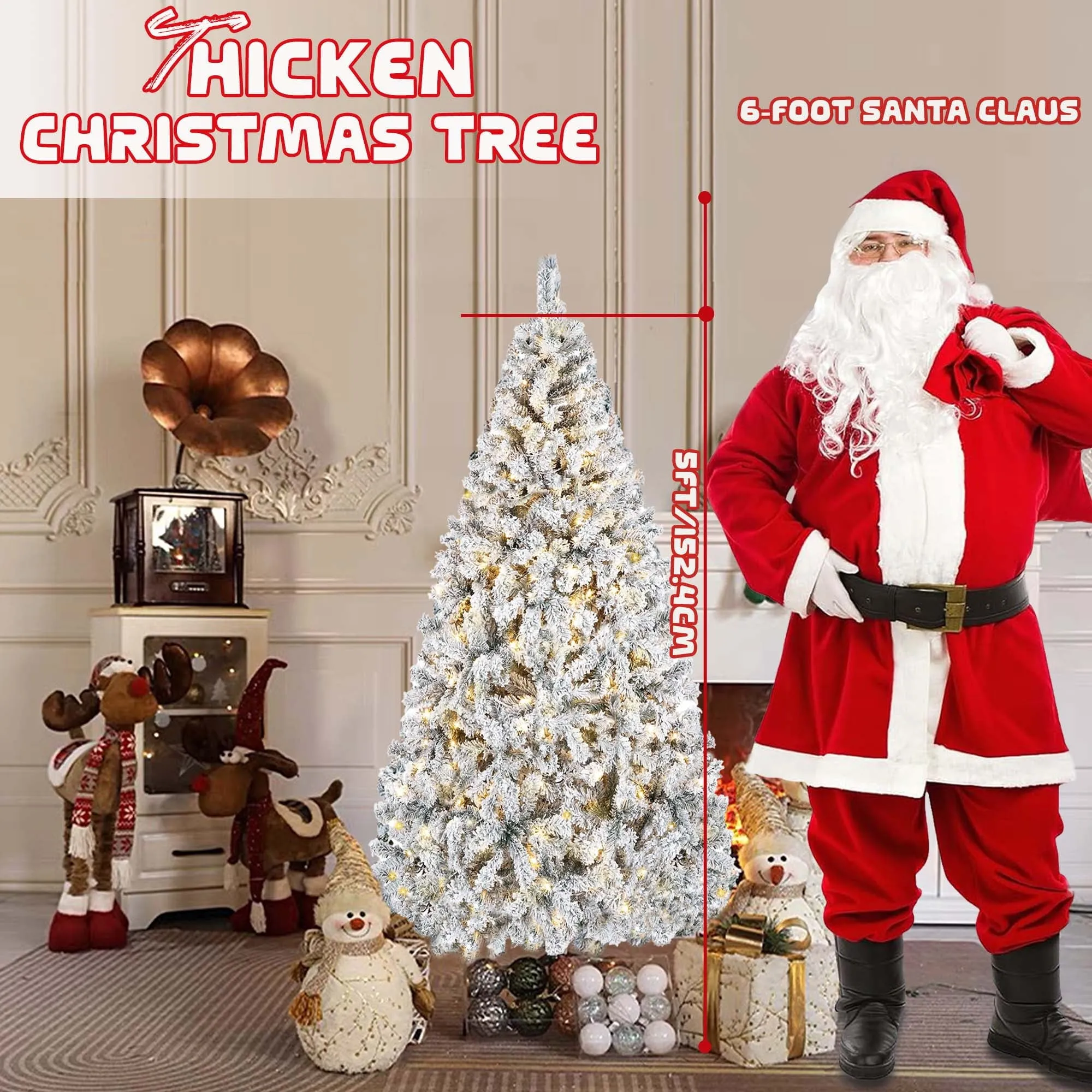 relaxed 5 FT Pre-Lit Christmas Tree Snow Flocked Full Prelighted Artificial Xmas Tree Hinged Pine Tree w/ Metal Stand,8 Lighting Modes