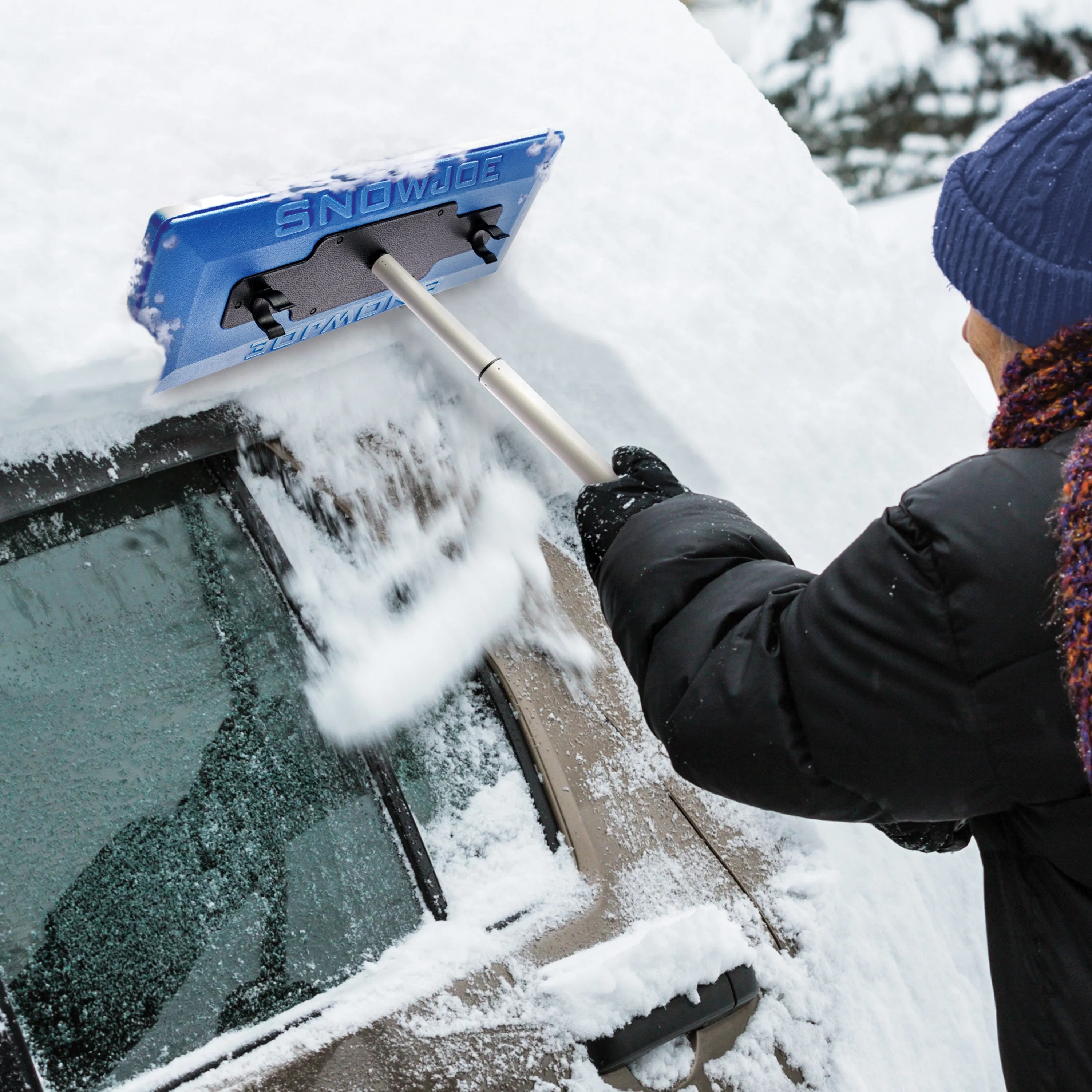 Snow Joe SJBLZD The Original 2-In-1 Telescoping Snow Broom   Ice Scraper | 18-Inch No-Scratch Foam Head, Closed Cell Foam for No Water Absorption