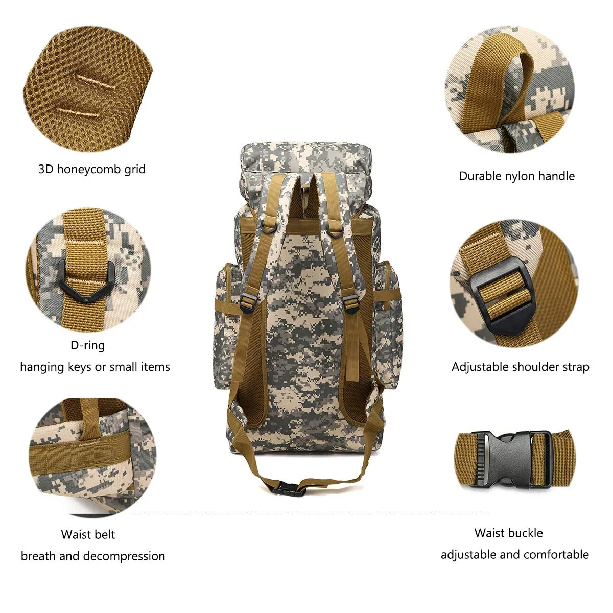 WintMing 70L Large Camping Hiking Backpack Tactical Military Molle Rucksack for Trekking Traveling Oxford Waterproof Mountaineering Pack Large Daypack for Men (Camouflag-B)