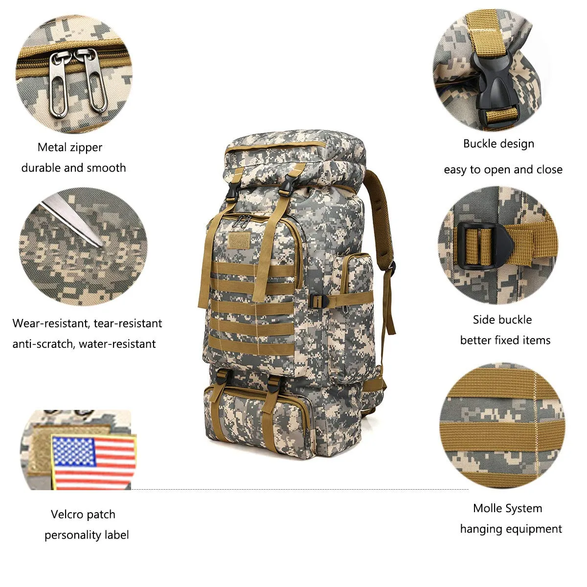 WintMing 70L Large Camping Hiking Backpack Tactical Military Molle Rucksack for Trekking Traveling Oxford Waterproof Mountaineering Pack Large Daypack for Men (Camouflag-B)